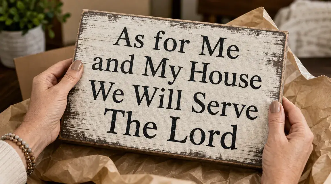 Close-up of a woman's hands unwrapping a BELLOWDEER wooden scripture wall sign from its packaging, showing the rustic wood-look surface and black lettering