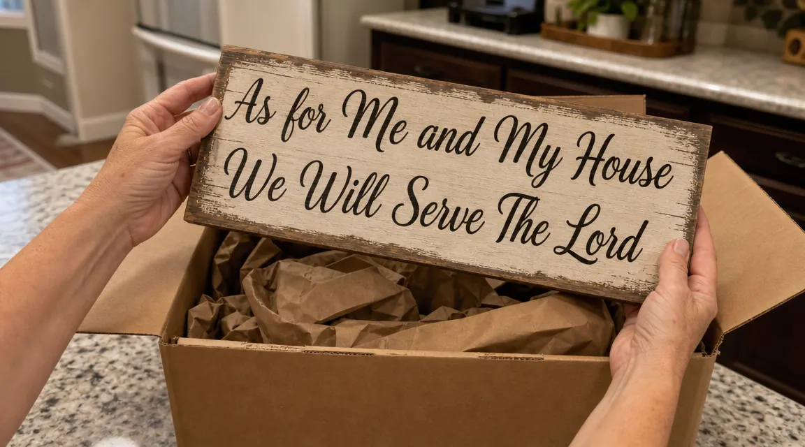 Close-up of the BELLOWDEER scripture sign resting on a wooden surface, showing the wood grain texture and dark-painted lettering in detail