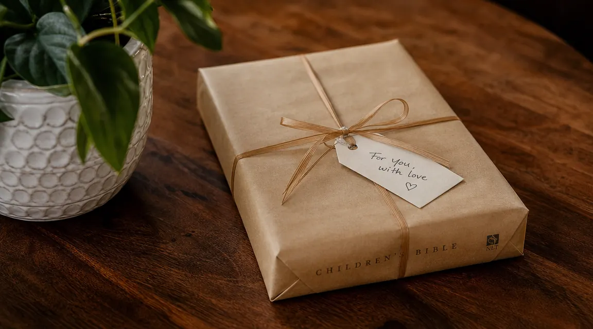New copy of The Beginner's Bible wrapped in simple kraft paper with a handwritten gift tag