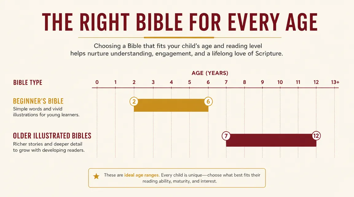 Side-by-side age range chart showing The Beginner's Bible sweet spot versus older children's Bibles