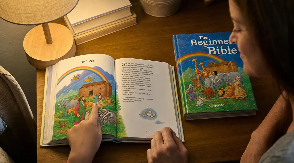 Close-up of The Beginner's Bible open to a colorful illustration, child's small hand pointing at the page