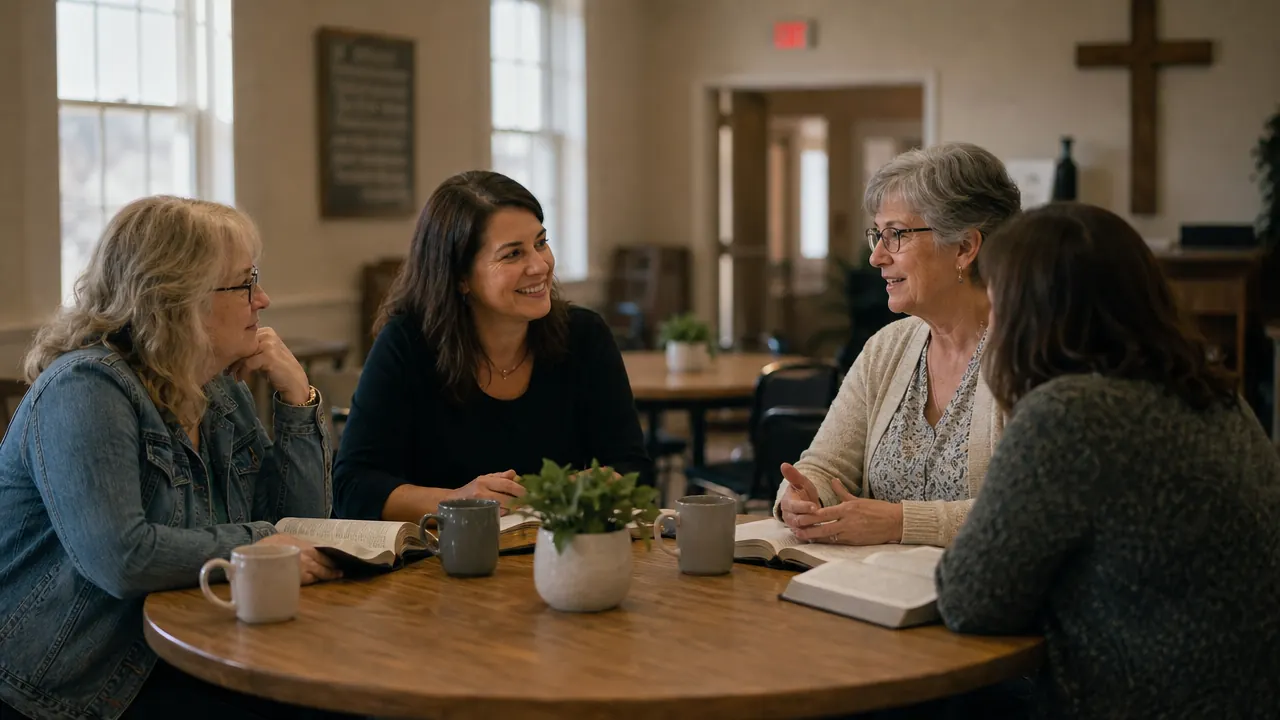 Small group of church women sitting around a table with open Bibles and coffee cups, warm community setting