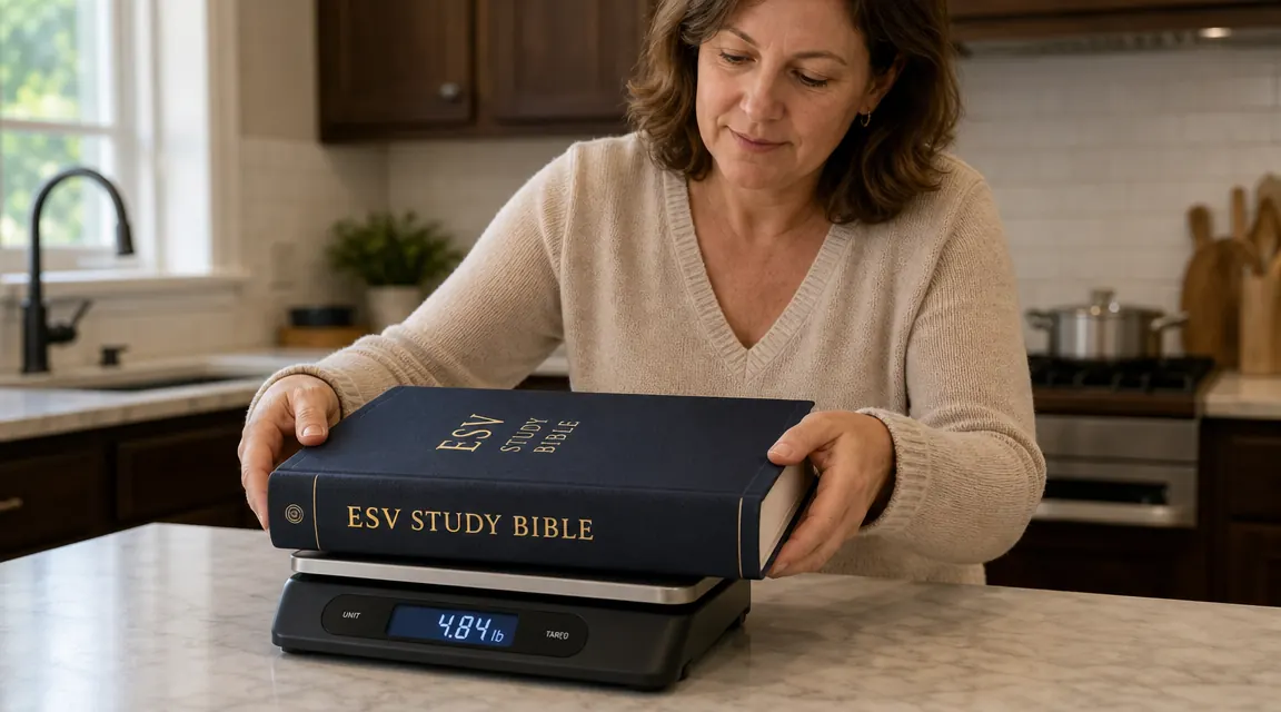 Hand placing ESV Study Bible on a kitchen scale showing approximately 4.4 pounds