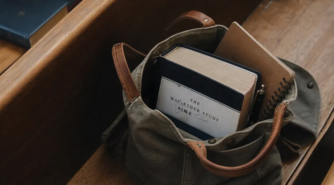 ESV Study Bible sitting in a tote bag beside a notebook and pen, ready for church