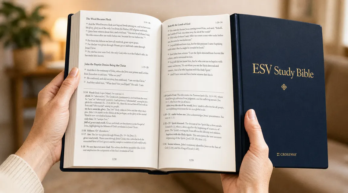 Close-up of dense ESV Study Bible footnotes and cross-references filling the bottom margin of a page