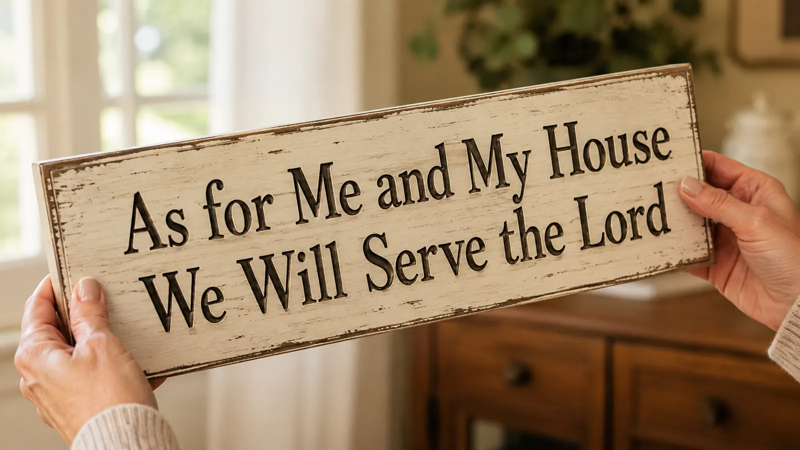 Close-up of the BELLOWDEER 'As for Me and My House' sign showing the wood grain texture and dark lettering in natural light