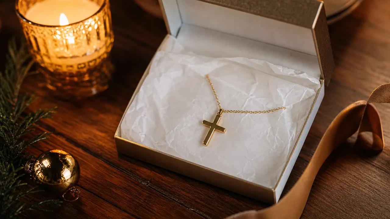 A gift box open on a table with a gold cross necklace nestled in white tissue paper, ready for giving