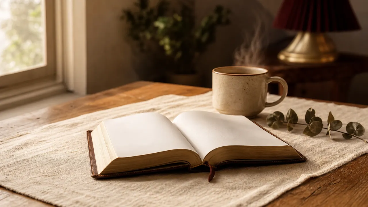 An open study Bible on a linen tablecloth with a mug of black coffee in soft morning light