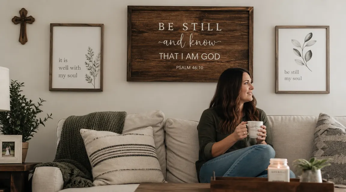 Living room gallery wall with a scripture sign as the largest anchor piece, surrounded by two smaller framed prints and a simple cross