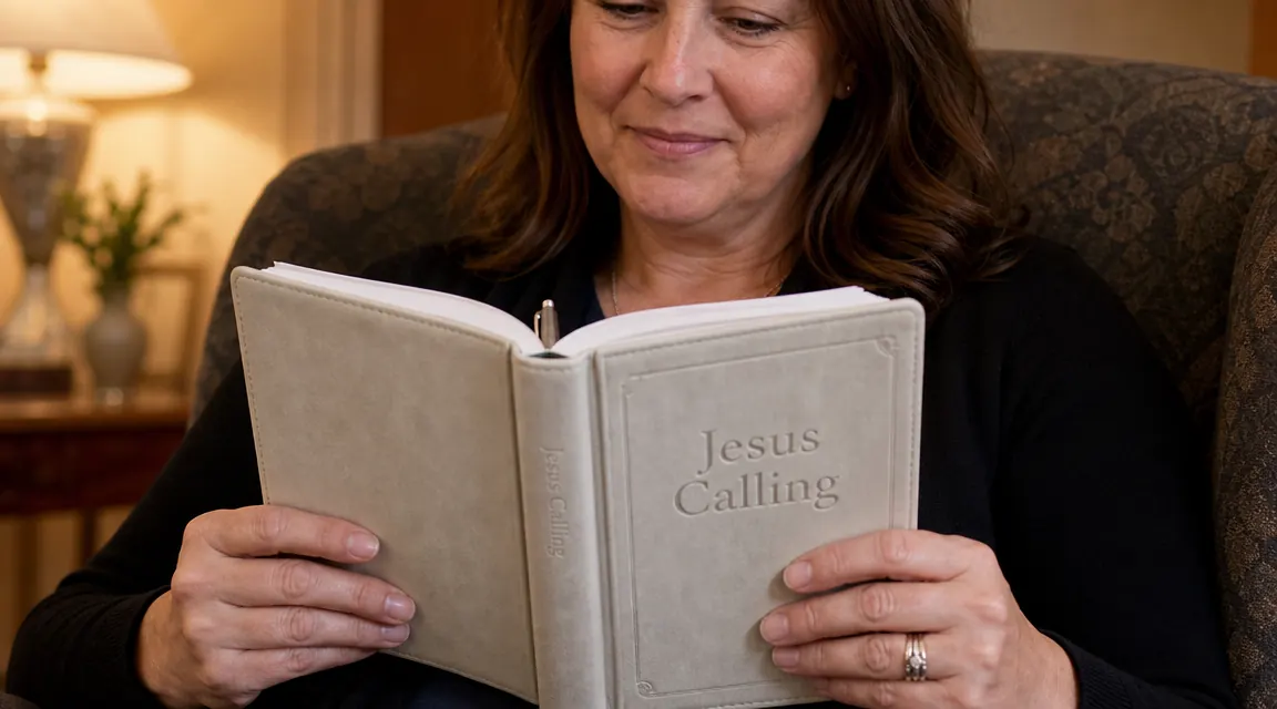 Hands holding the Jesus Calling devotional open to a daily reading, with a pen resting alongside the text