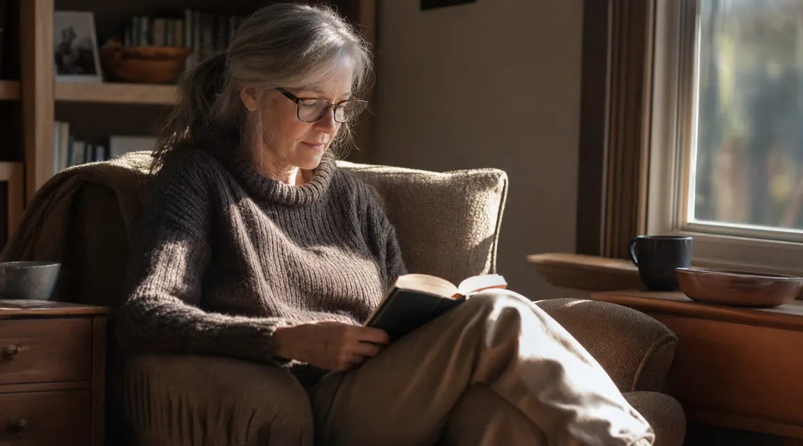 A woman sitting alone in a sunlit armchair reading a devotional book, peaceful and unhurried morning scene
