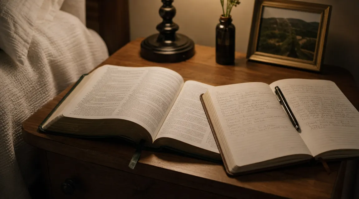 An open devotional with a handwritten prayer journal beside it on a nightstand, showing a years-long daily reading habit