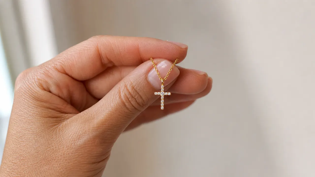 Close-up of the PAVOI cross pendant being held between a woman's fingers to show scale