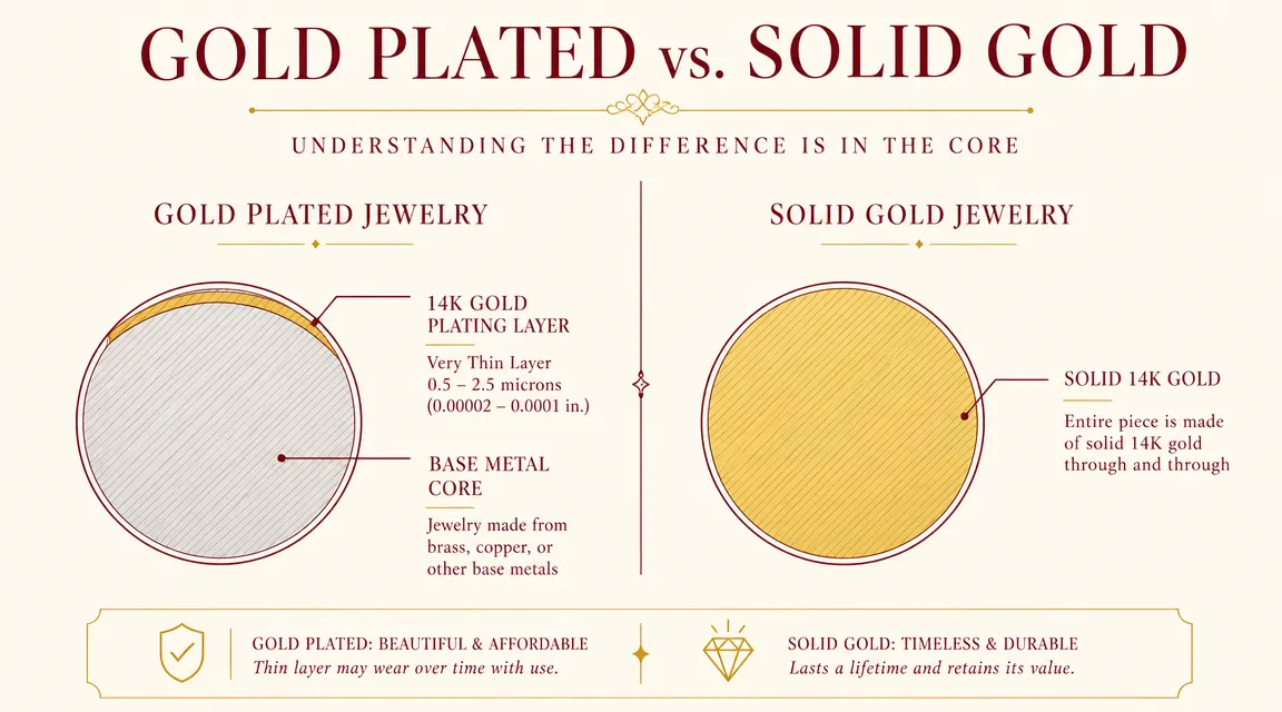 Side-by-side illustration comparing gold plated jewelry surface to solid gold over time, showing plating wear at friction points