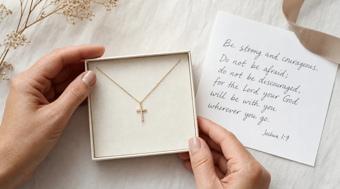 PAVOI cross necklace in its gift box alongside a handwritten note card on a white linen surface