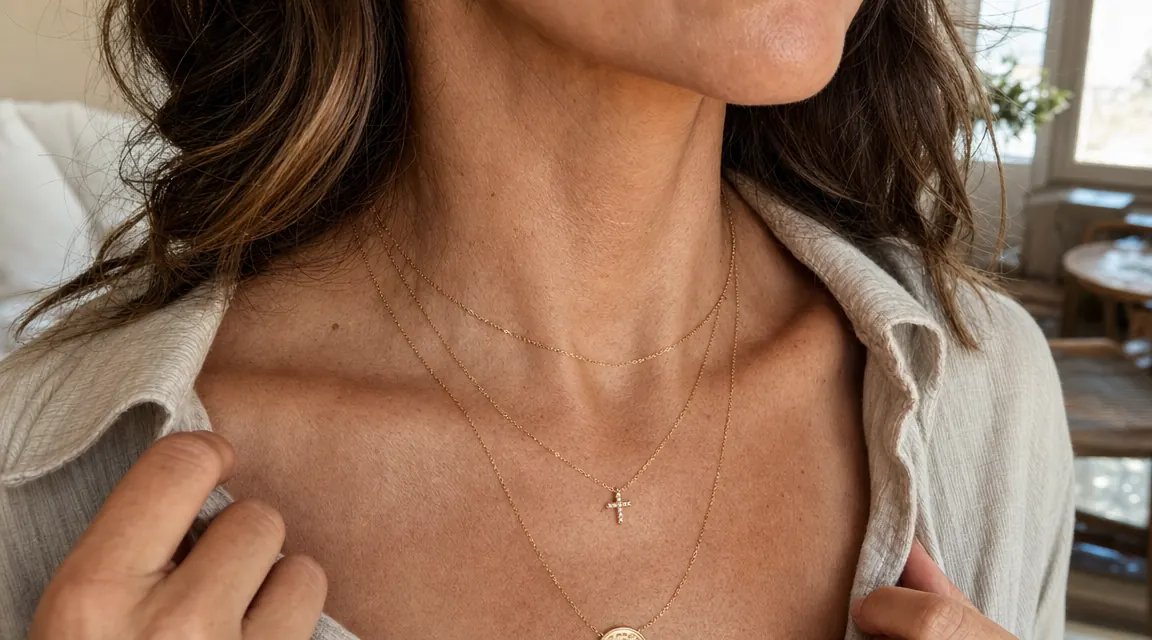 Three necklaces layered together on a woman's neckline, including a cross necklace, showing how they sit at different lengths